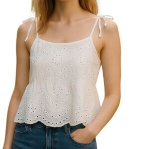 REBELLION Coquette White Eyelet Peplum Tied Strap Top Zipper Lined Cotton Size M